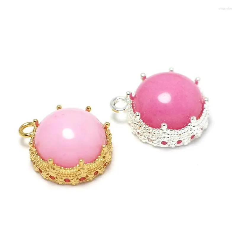 Charms 2pcs Round Crown Pendant Silver Plated Gold Brass Pink Stone Faceted Gemstone Earring Jewelry Necklace Making