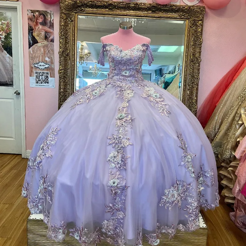 Lavendelfarbenes Quinceanera-Kleid mit V-Ausschnitt, Ballkleid mit Perlenapplikationen, Spitze, schulterfrei, süßes 16-Kleid mit Schnürung, Vestidos De 15 Anos