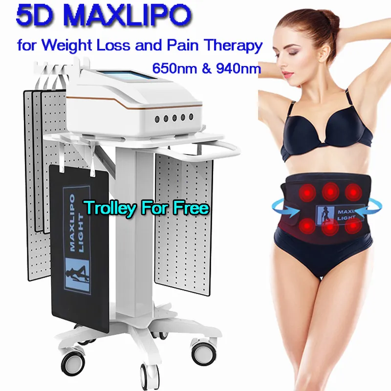 Multifunktionell 5D Maxlipo Viktminskningsmaskin Fat Ta bort anti -celluliter Body Slimming Pain Relief Red Light Infrared Laser Therapy Device Trolley GRATIS