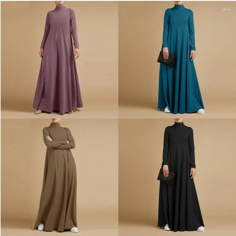 Ethnic Clothing Ramadan Arab Muslim Autumn High Neck Long Sleeve Sun Dress Fashion Women's Loose And Elegant Solid Color Casual