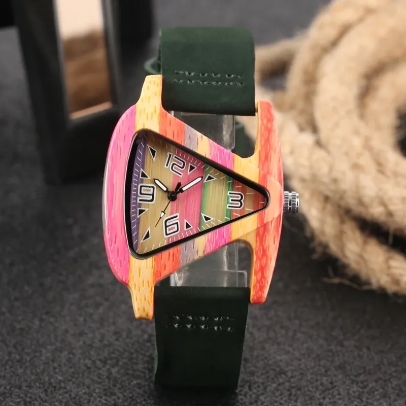 Unique Colorful Wood Watch Creative Triangle Shape Dial Hour Clock Women Quartz Leather Bracelet Watch Women