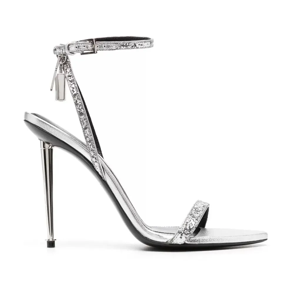 Naken hänglås utsmyckade sandaler silver glittrande paljetter ankel-remmen stilett klackar kväll spetsiga skor 10.5 cmwomen's heeled lyxdesigners klädskor