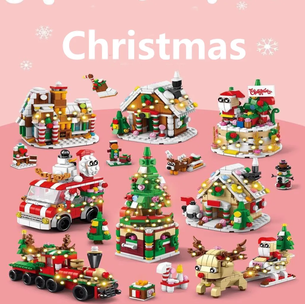 DIY Bricks Toys Christmas Village House Reindeer Train Sensory Toys Santa Mini Model Winter Kids Gifts