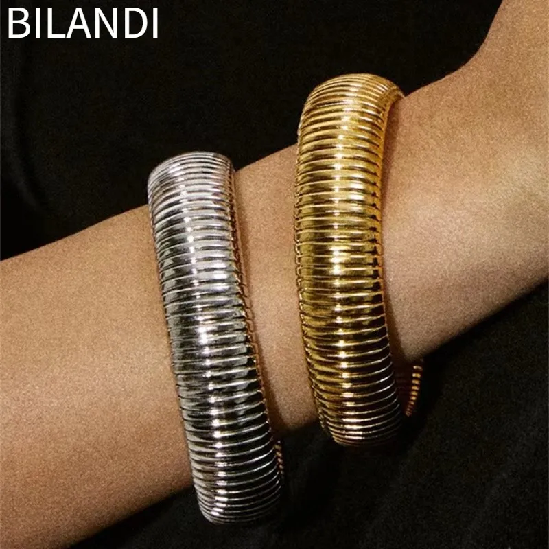 Bangle Bilandi Trendy Jewelry Silver Plated Gold Color Metallic Stretch Bracelet For Women Girl Gift 2023 Trend 230912