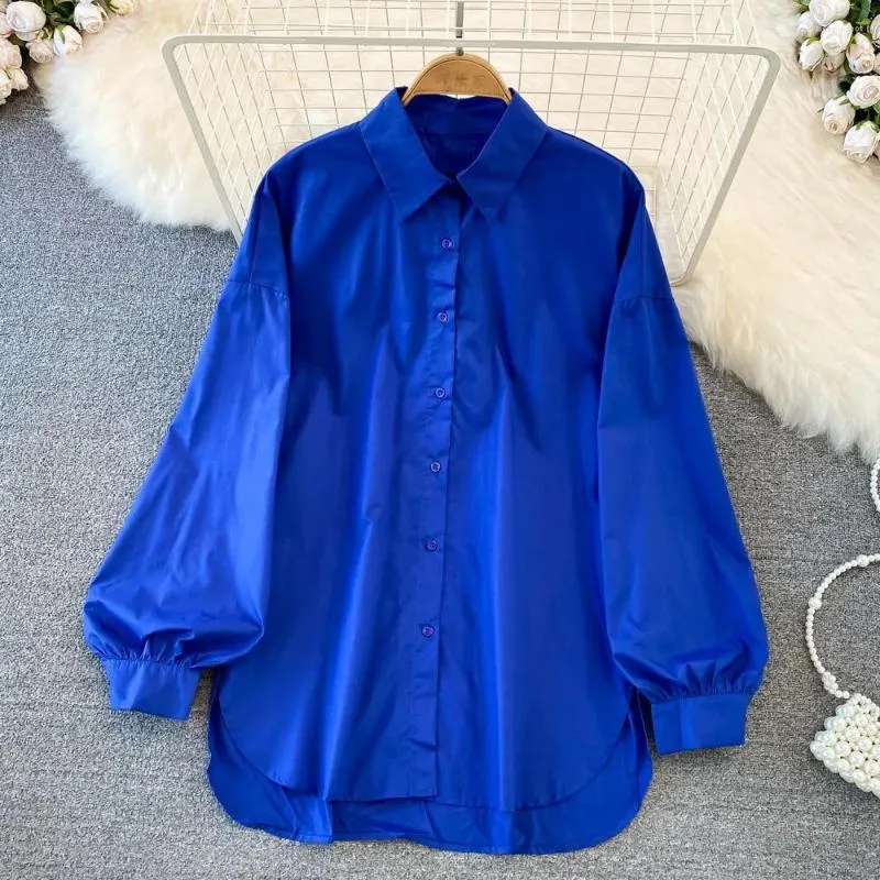 Kadın Bluzları 2023 Kadınlar İçin Düz Renk Gömlek Sonbahar Uzun Kollu Düğme Zarif Gevşek Güzel ve Gömlek Üstleri