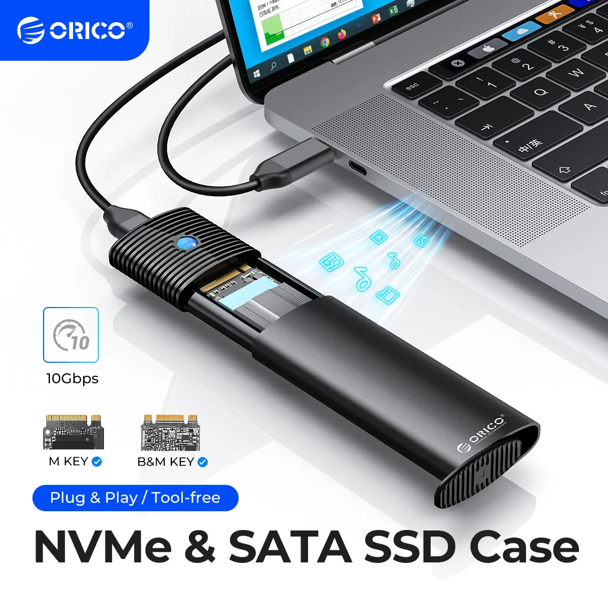 ORICO M2 SSD-Gehäuse NVMe NGFF 10 Gbit/s PCIe SSD-Gehäuse Tragbarer USB C 3.2 Gen2 Werkzeugloser externer Adapter mit Metallkühlkörper