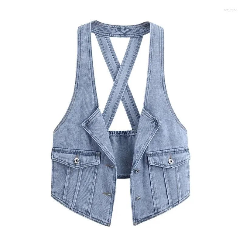 Kvinnors västar denim väst Summer Tank Top Coat Short Waistcoat axel hängande nackhästjacka som bär liten doft sjal