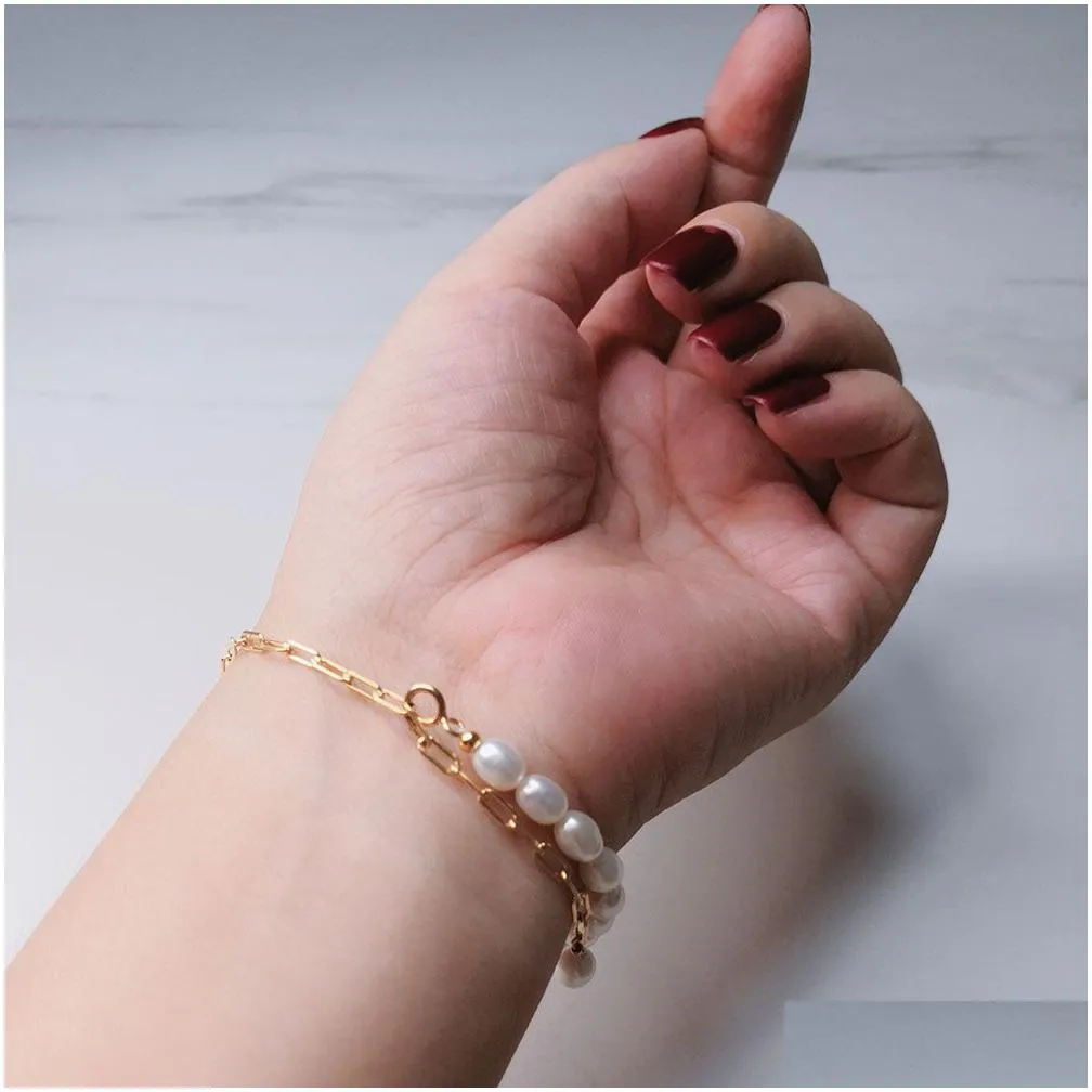 original design handmade 6mm oval real freshwater pearl bracelet in solid 925 sterling silver chain gold plated jewelry for ladies