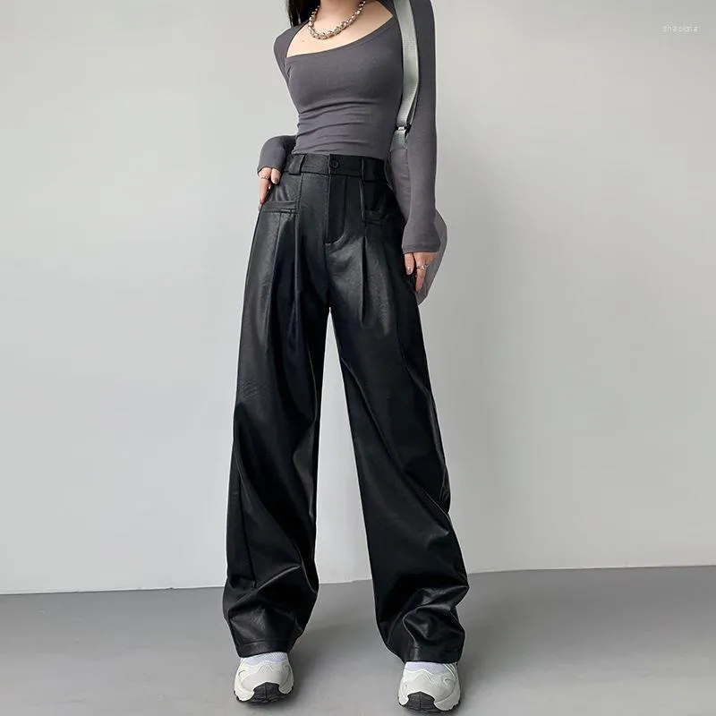 Vrouwen Broek Vrouwen Hoge Taille Pu Leer Recht Y2K Stretch Losse Streetwear Volledige Lengte Wijde Pijpen Vrouwelijke OL Broek 3011