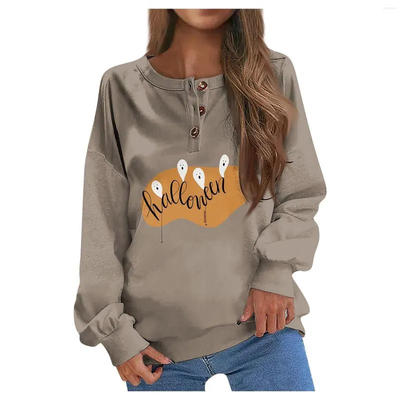 Kvinnors hoodies Autumn Women Sweatshirts Fashion Ladies Halloween Cute Print Loose Blus Topps Kvinna O Neck Button Lång ärm