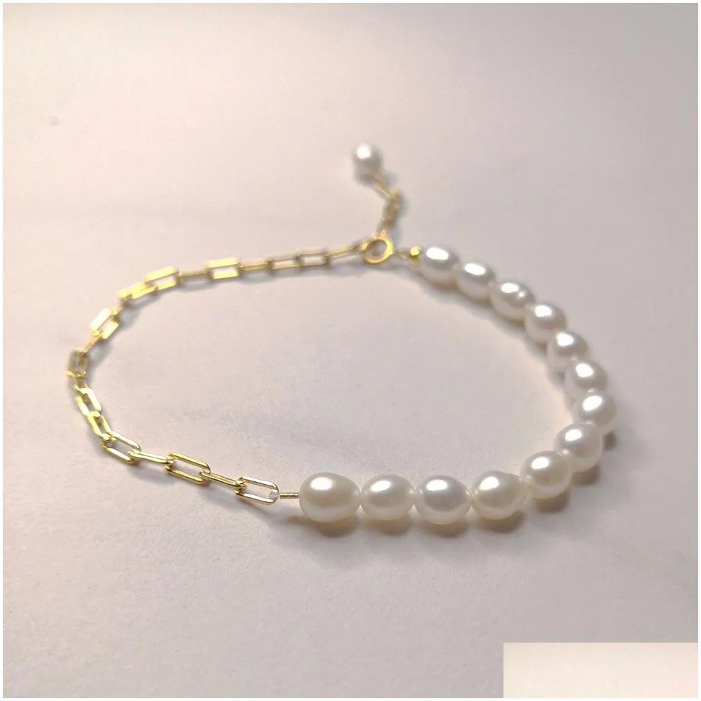 original design handmade 6mm oval real freshwater pearl bracelet in solid 925 sterling silver chain gold plated jewelry for ladies