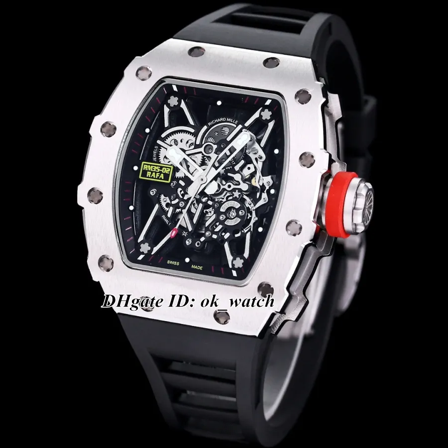 New 35-02 Miyota Automatic Mens Watch Skeleton Dial Steel Case Gents Sport Watches Black Rubber Strap Folding Clasp