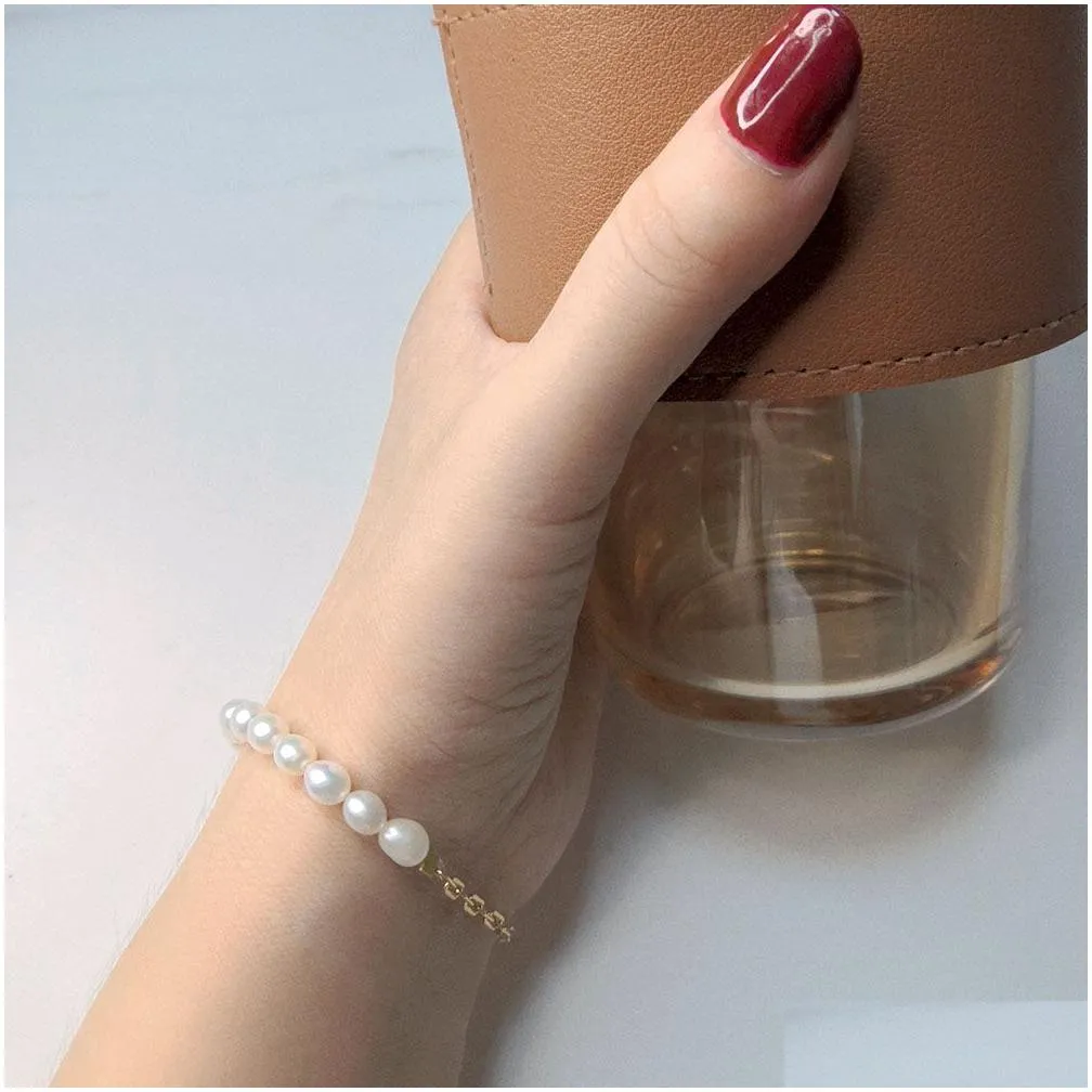 original design handmade 6mm oval real freshwater pearl bracelet in solid 925 sterling silver chain gold plated jewelry for ladies