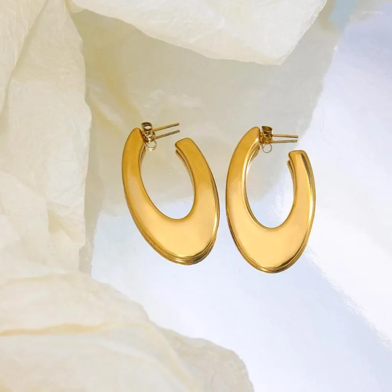 Boucles d'oreilles créoles Vintage en acier inoxydable plaqué or, accessoires d'oreille ovales plats en forme de C pour femmes