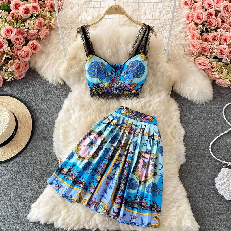 Work Dresses Vintage Chic Two Pieces Dress Set For Women Summer Sleeveless Crop Camisole Top Mini Skirt Lady Holiday Party Suits