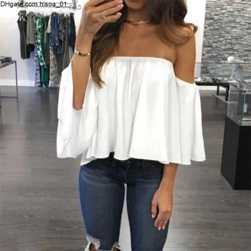 New Womens Off Shoulder Chiffon Blouse With Long Sleeves And Hals