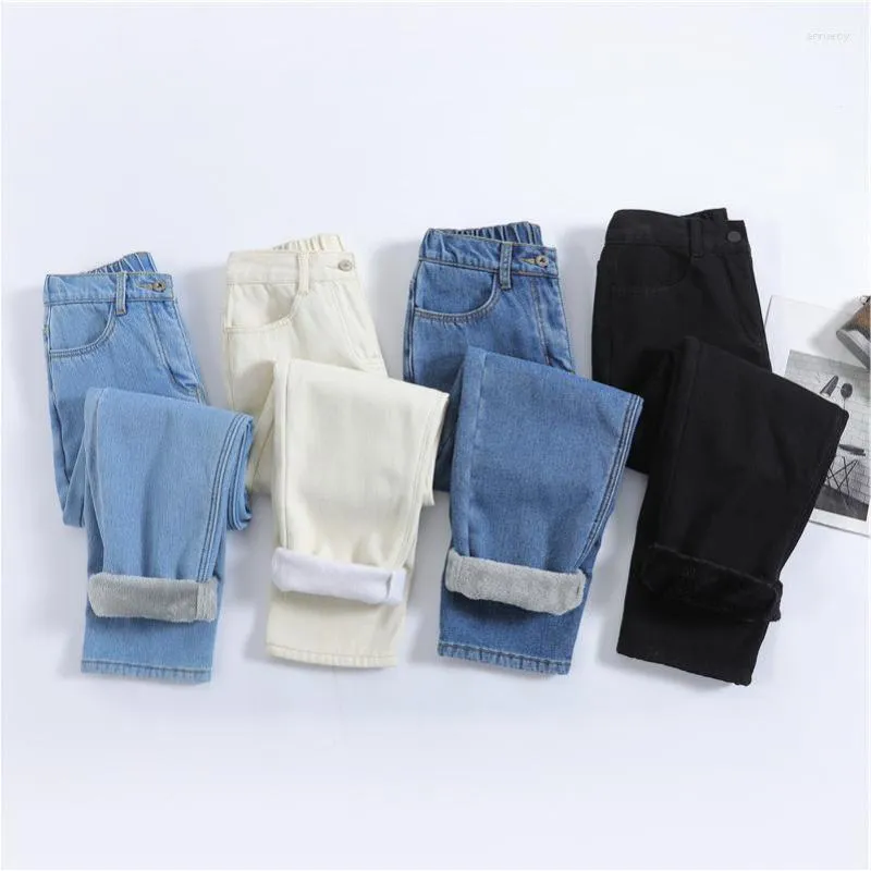 Jeans Femme 2023 Femmes Thermique Chaud Peluche Taille Haute Stretch Vintage Bleu Hiver Neige Streetwear Pantalon Droit Pantalons Filles