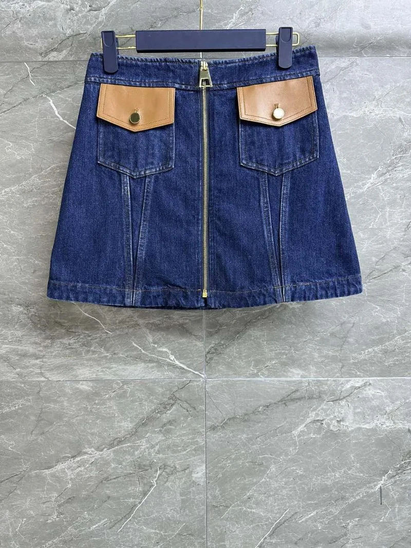 Юбки Кожаная джинсовая юбка Цветной контраст Дизайн молнии Карман с клапаном Темно-синий Сращивание Оранжевый Matching714
