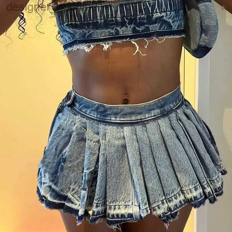 Skirts Skirts Solid color high waisted pleated denim skirt 2023 summer fashion spice girl all match casual women KH23003DG 230826 L230912