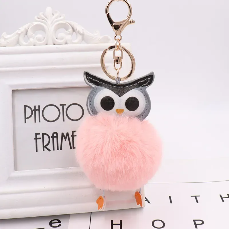 Cute Pompom Owl Keychain Plush Keyring Rabbit Fur Ball pompon Fluffy Leather cartoon Key Ring accessories Jewelry