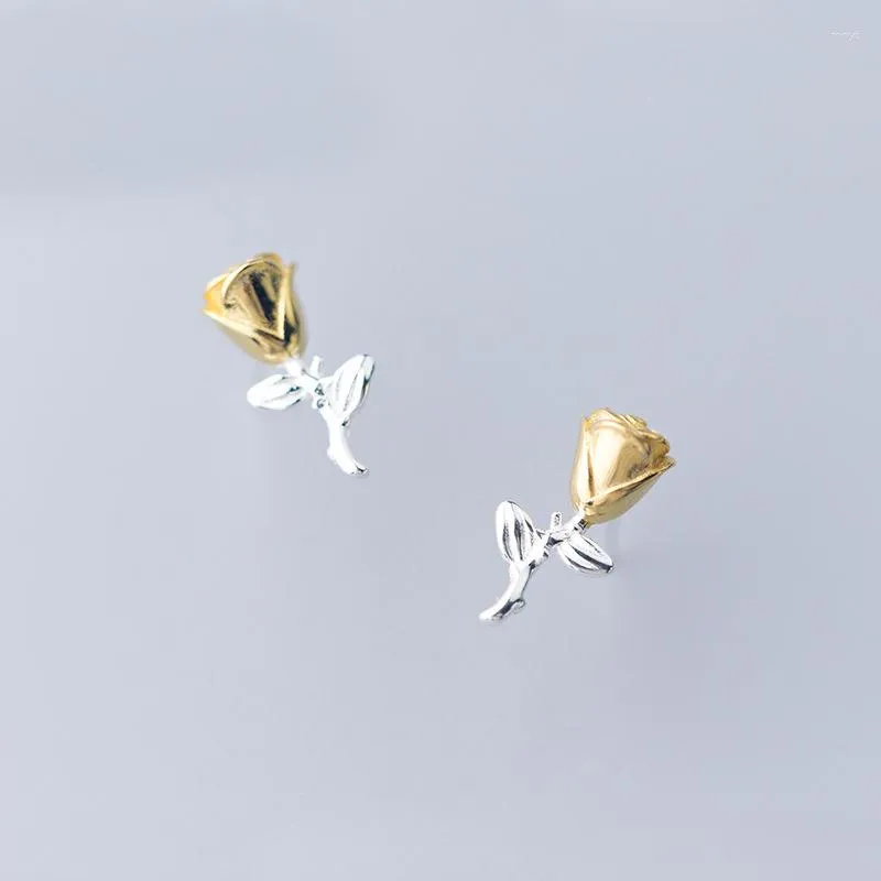 Stud Earrings MloveAcc Real 925 Sterling Silver Rose Flower Leaf Gold Color Small For Women Jewelry