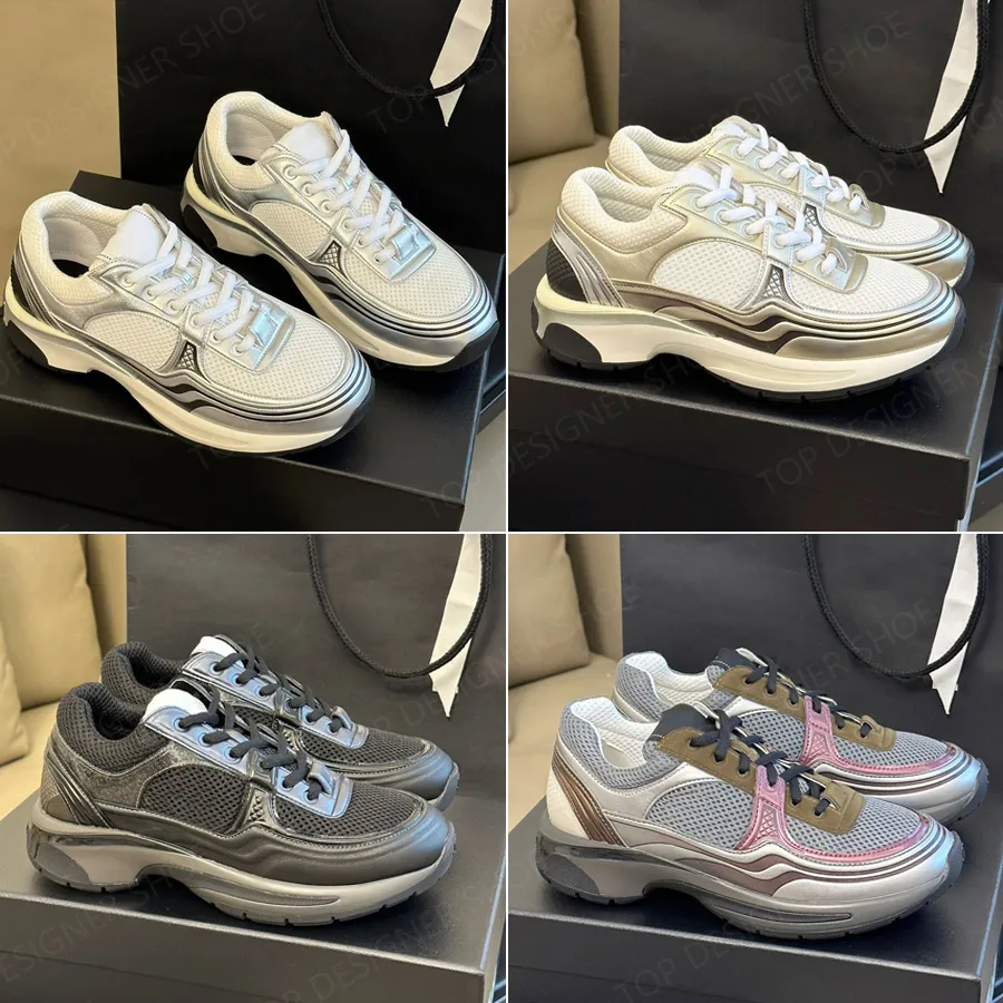 Toppkvalitetsdesigner sneakers läder lyxiga kvinnor lapptäcke mesh sneakers snörning tennis skor springa lapptäcke casual skor guld silver plattform skor