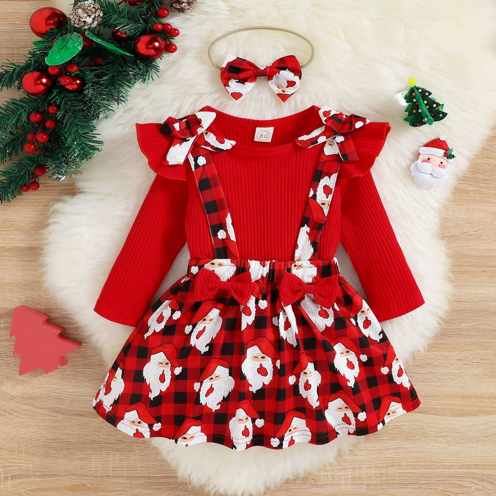 Set di abbigliamento 1-5 anni Natale Neonate Maniche lunghe Volant Tutina Pagliaccetto Top Gonna stampata Abiti Set di vestiti carini 1 2 3 4 5 anni 230912