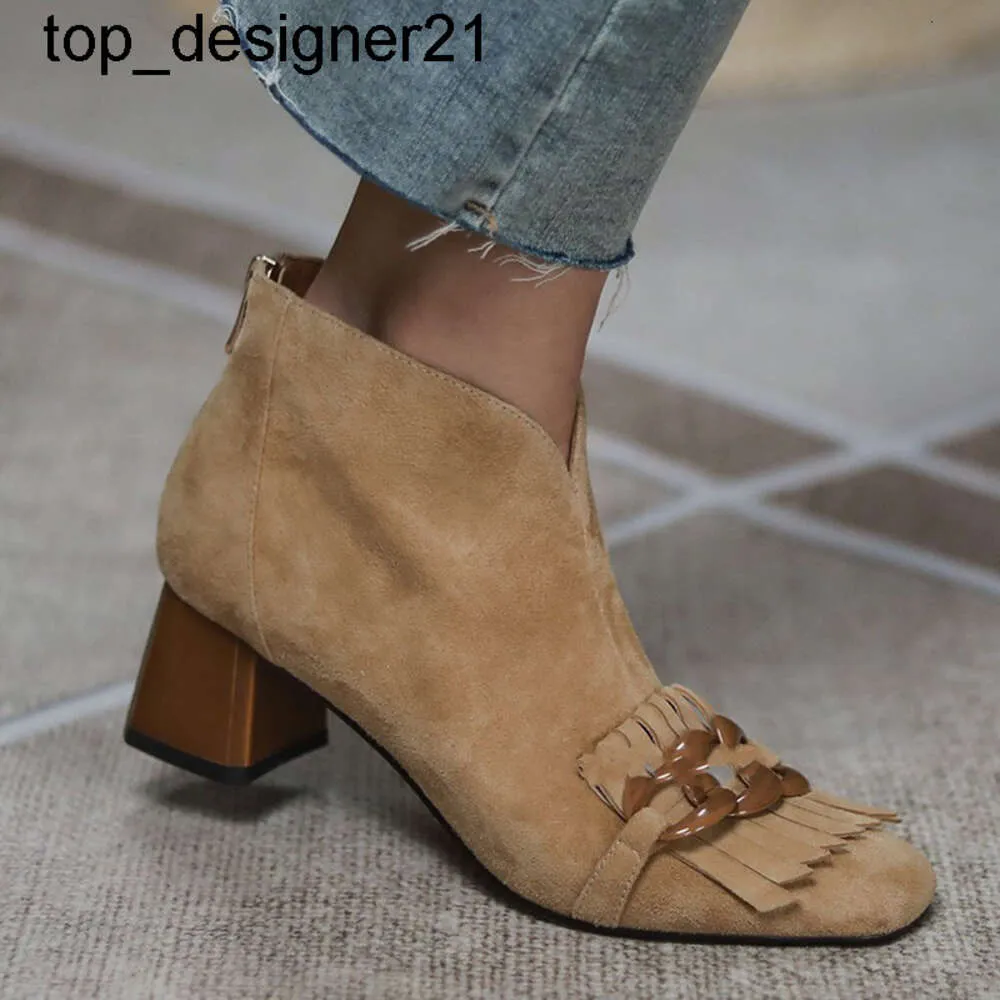 2023 Designer Ankel Fringe Boots Fashion Brand Boot Suede Leather Chunky Heel Spring Autumn Western Womens Booties