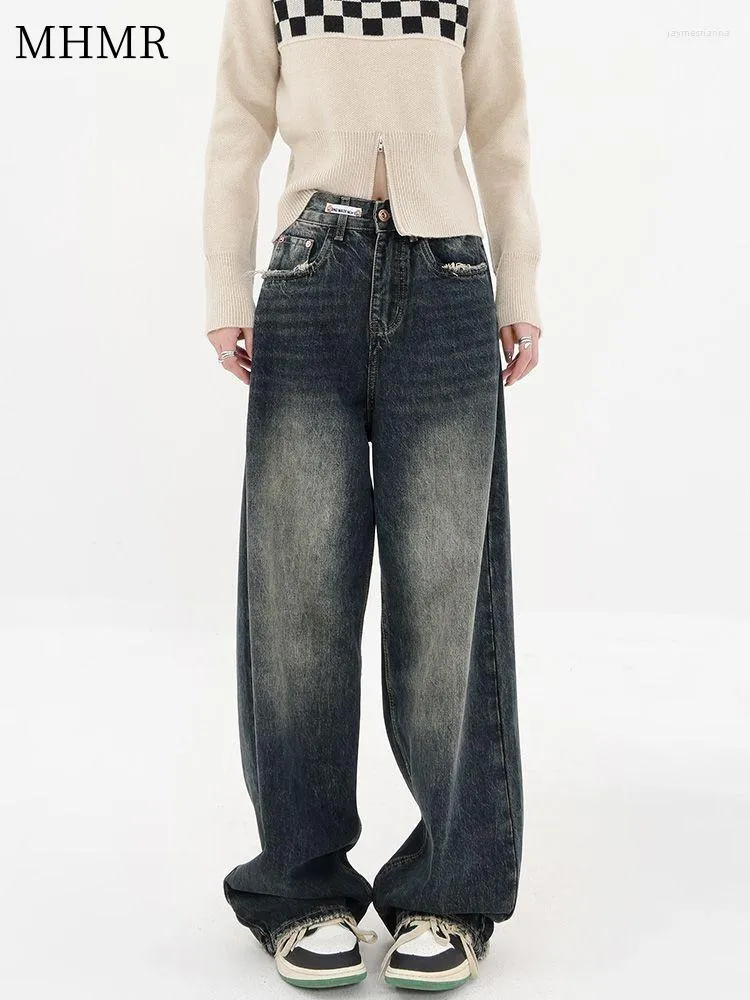 Kvinnors jeans mhmr harajuku streetwear retro mode sommar kvinnor hög midja lös bred ben rak denim byxor y2k baggy byxa