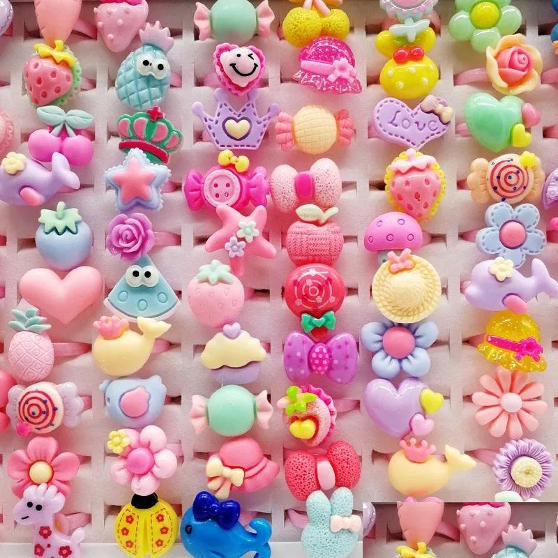 Band Rings Fashion 200Pcs/Lots Mixed Plastic Children Ring Resin Jewelry Kids Gift Boys Girls Cartoon Animal Flowers Fruit Baby Tangib Dh6Tr