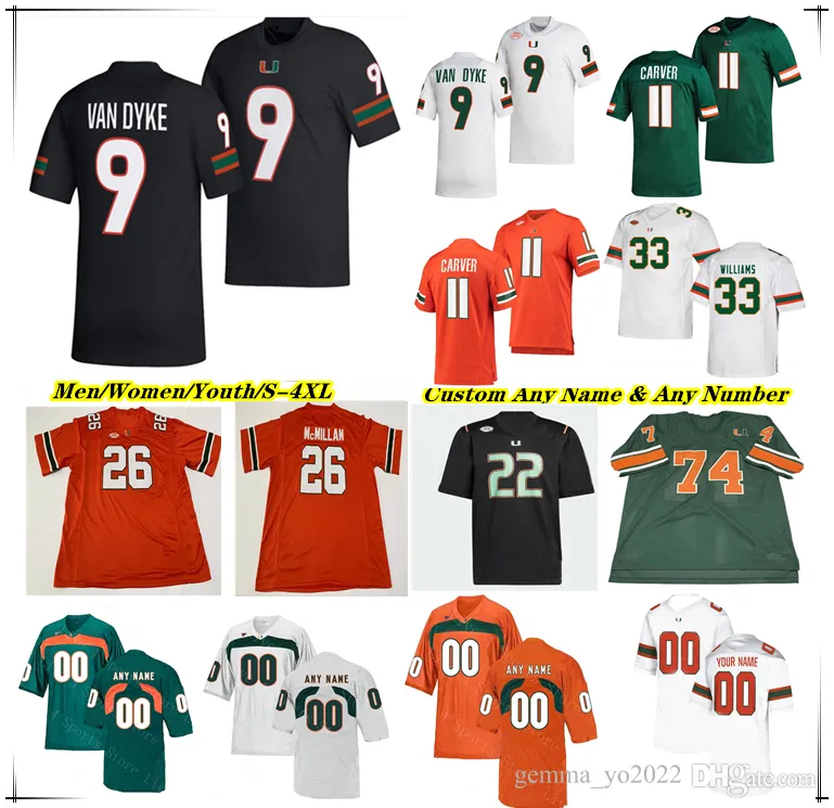 NCAA College Miami Hurricanes Football Jersey Tyler Van Dyke Henry Parrish Jr Ajay Allen Xavier Restrepo Colbie Young Jacolby George Jaden Davis Emory Williams