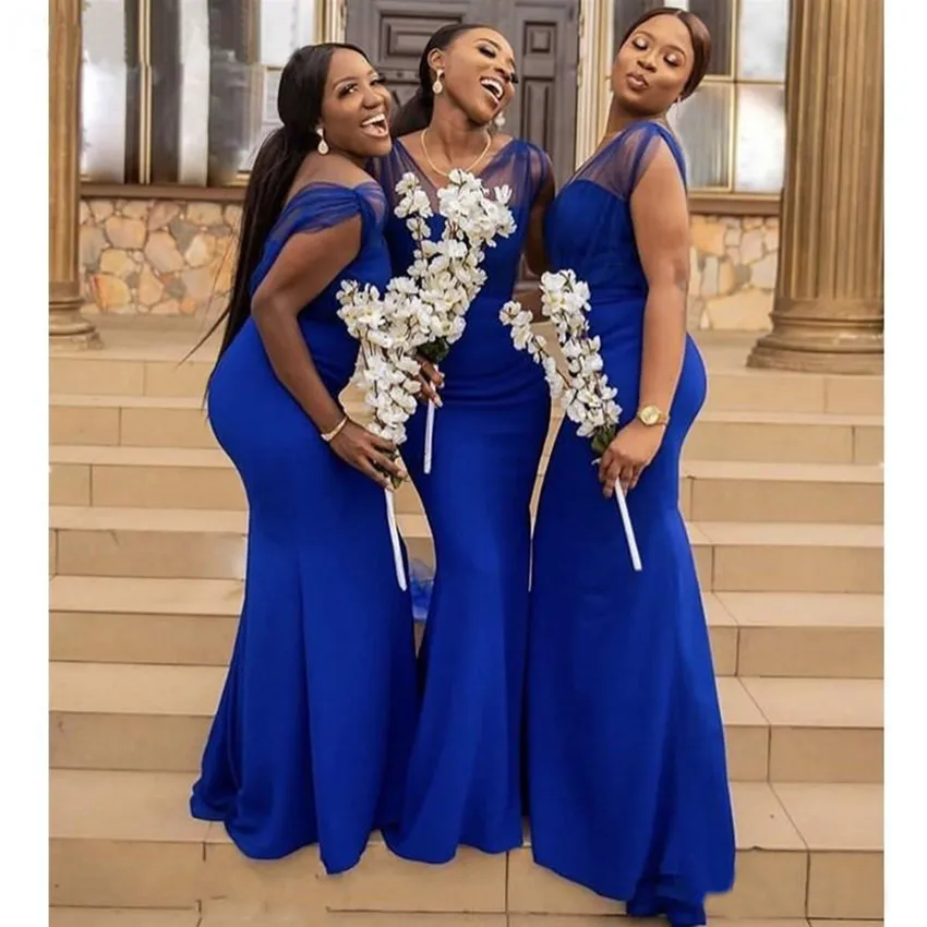 Royal Blue Mermaid Bridesmaid Dresses 2023 Off Shoulder Sweep Train Garden Country African Wedding Guest Gowns Maid of Honor Dress Cheap