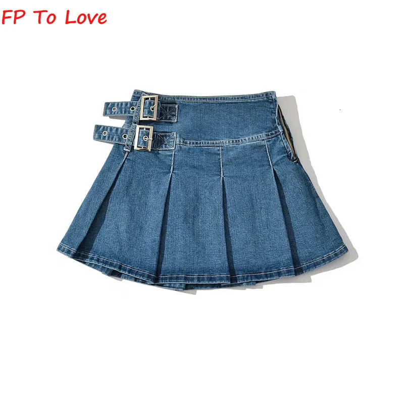 Skirts Pleated Denim Mini Skirts Vintage Belt A-line Zipper Blue Zipper Bottom Woman Black Solid Female Streetwear Quality 230911