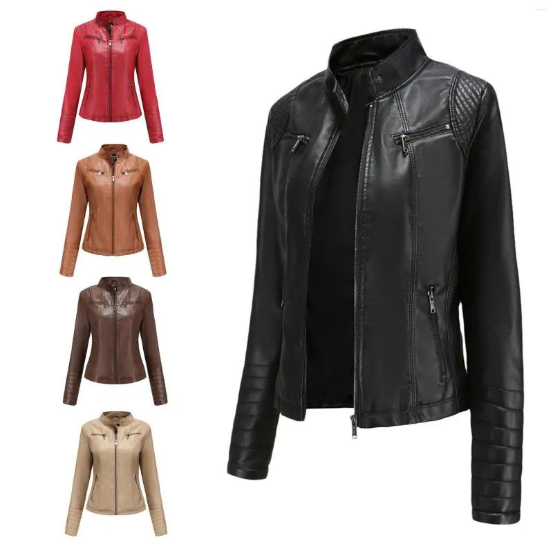 Giacche da donna in pelle da donna Primavera e autunno Moto Biker Cerniera Cappotto aderente aderente Moda corta Abbigliamento femminile casual Un pezzo