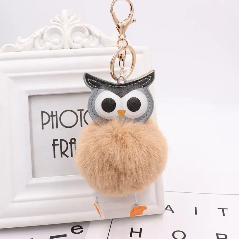 Cute Pompom Owl Keychain Plush Keyring Rabbit Fur Ball pompon Fluffy Leather cartoon Key Ring accessories Jewelry