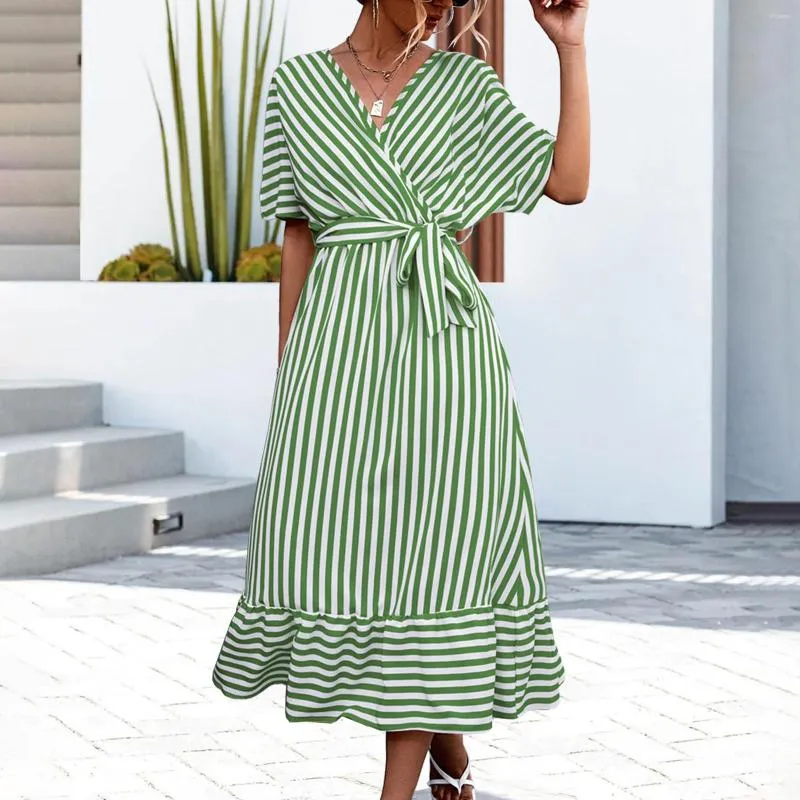 Casual Dresses Elegant Vestidos 2023 Women's Dress Summer Cross V Neck Tie Stripe Print Short Sleeve Ladies Fashion