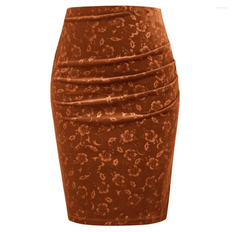 Kjolar kvinnor sammet kjol ol hög midja blommig textur ruched knä längd bodycon vintage mode höfter wrapped