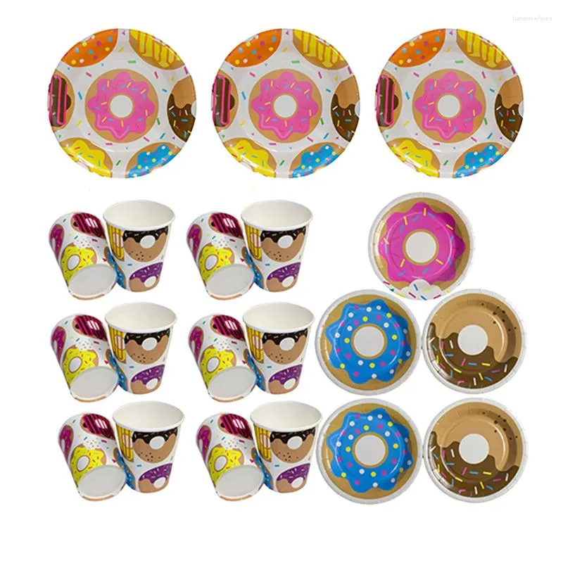 Disposable Dinnerware 48PCS Party Tableware Set Donut Themed Cartoon For Birthday Child