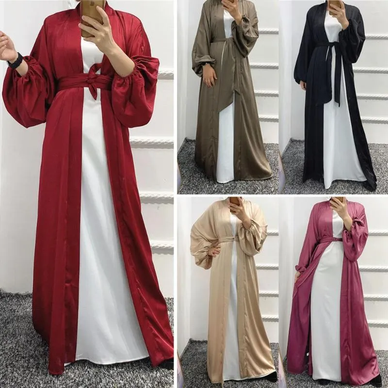 Etniska kläder 2023 Summer Open Abaya Muslim Elegant Women Puff Sleeve Maxi Dress Turkiet Arab Kaftan Islamiska Dubai Cardigan Kimono Ramadan