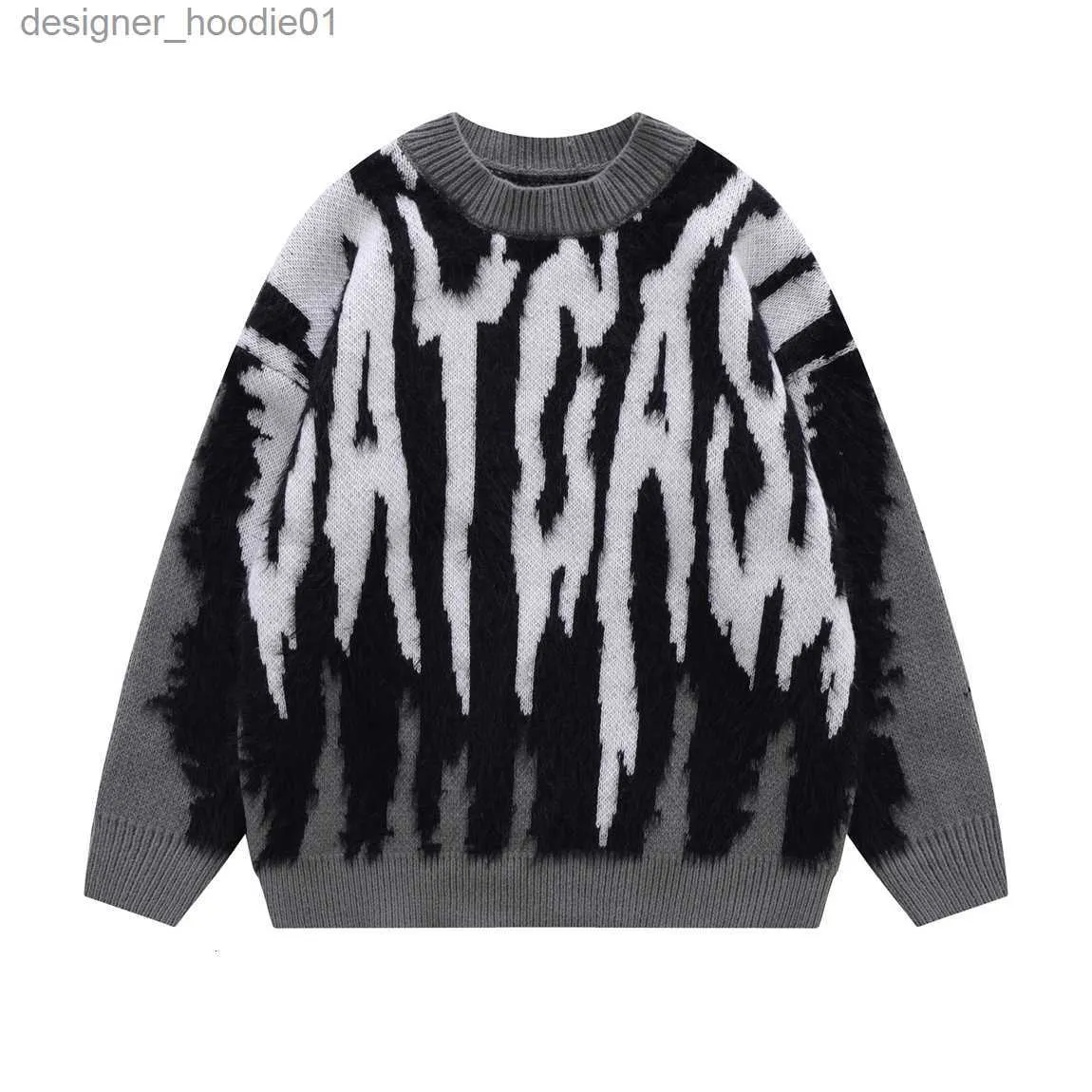 Men s Oversized Round Neck Pullover Knit Sweater in Antarctic Velvet Ferret Jacquard Stripe with Tassels