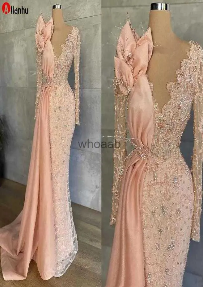 Gatastilklänningar 2022 Peach Pink Long Sleeve Prom Formella klänningar Sparkly spetspärled illusion sjöjungfru aso ebi afrikansk kvällsklänning WJY5916574372 HKD230912