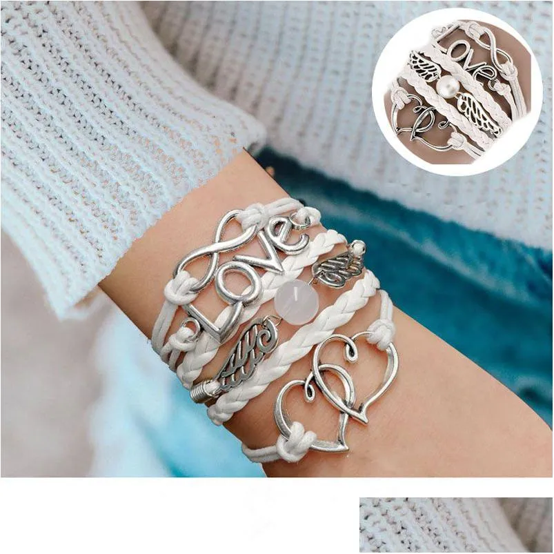 Bangle Fashion Womens 20st/Lot Retro Bangle Leather Armband Mti-Layer Woven Lovely Love Wings Charm Party Gift Drop Delivery Dh3ri