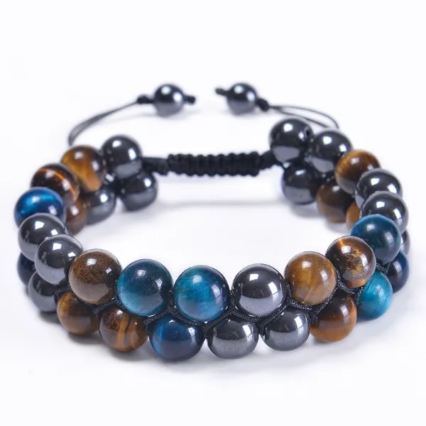 10mm Blue Tiger Eye Natural Stone Bracelet Double Layer Beaded Braided Adjustable Hematite Magnet Bracelets wristband for Men fine jewelry