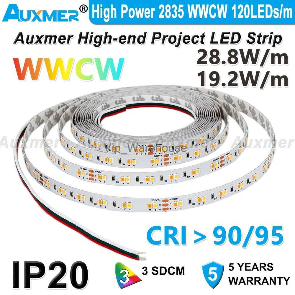 Светодиодные ленты Auxmer High Power 2835 WWCW 120LEDs/m Светодиодные ленты CRI95 CRI90 IP20 DC12V/24V 28,8 Вт/м 19,2 Вт/м 5 м CCT Светодиодная лента с регулируемой цветовой температурой HKD230912