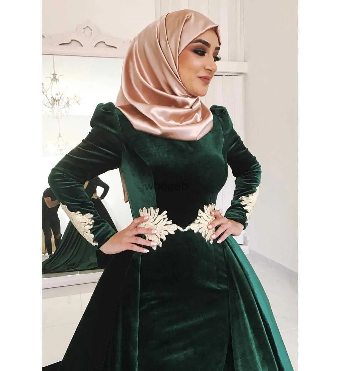 MagnificentHunter Velluto verde da sera musulmano Applicazioni alte Plus Size Abiti da ballo Maniche lunghe Abiti da festa Gonna oversize Abito formale HKD230912