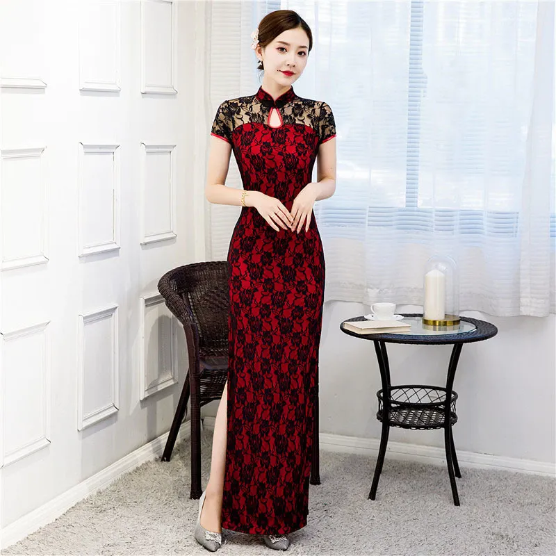 Grundläggande avslappnade klänningar Trational Women Cheongsam kort ärm Vintage Long Dress Costumes Elegant S till 5xl Black Red 230911