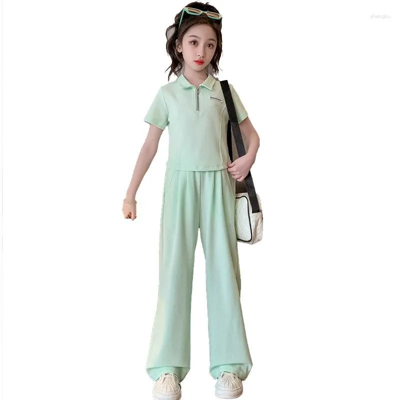 Clothing Sets Young Girls Outfits Set Summer Casual Crop Top And Wide Leg Pants Teen Kids Clothes Two Pieces Green Pink Children Suit