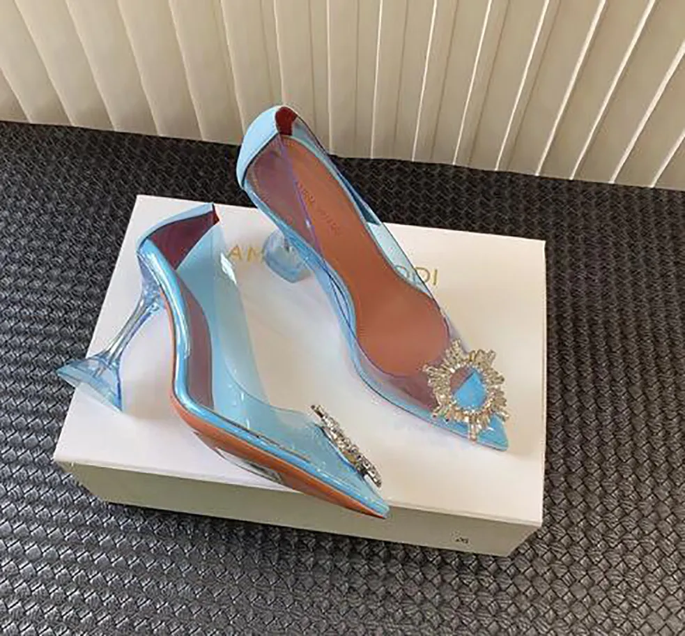 Sandales de luxe pour fête de mariage, chaussures à bout pointu, boucles en cristal, escarpins à talons hauts, bijoux, EU35-42, avec boîte