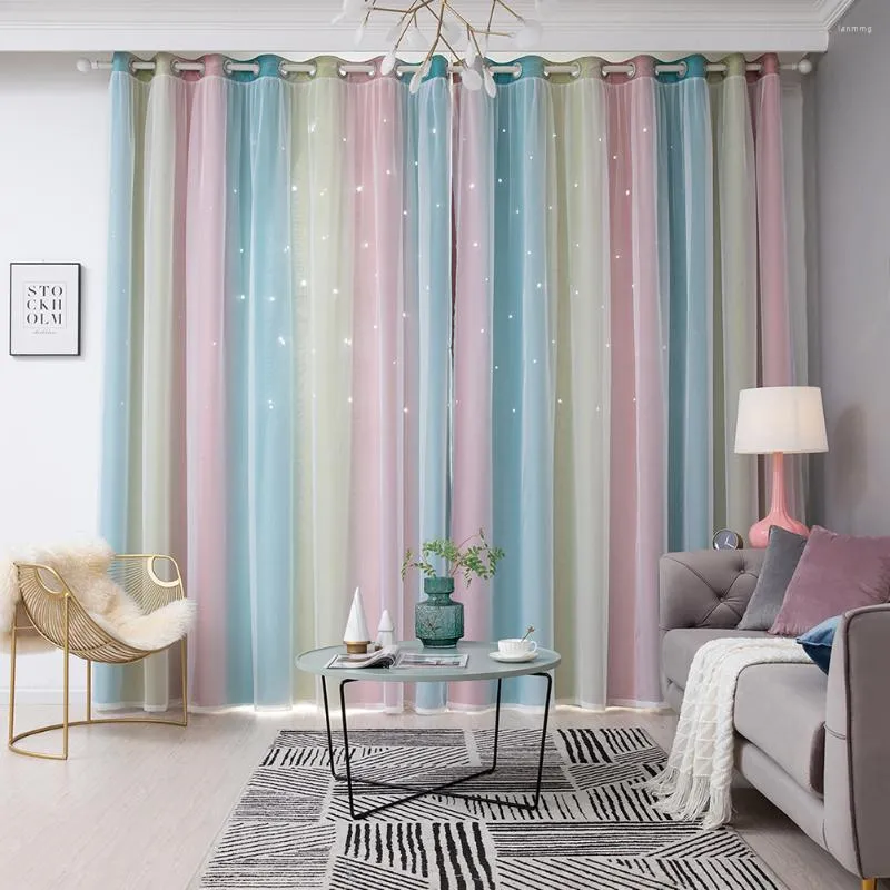 Curtain 2 Pcs Pink Home Decor Gradient Hollow Star Double-layer Full Blackout Bedroom Living Thermal Insulation Curtains Chiffon Child
