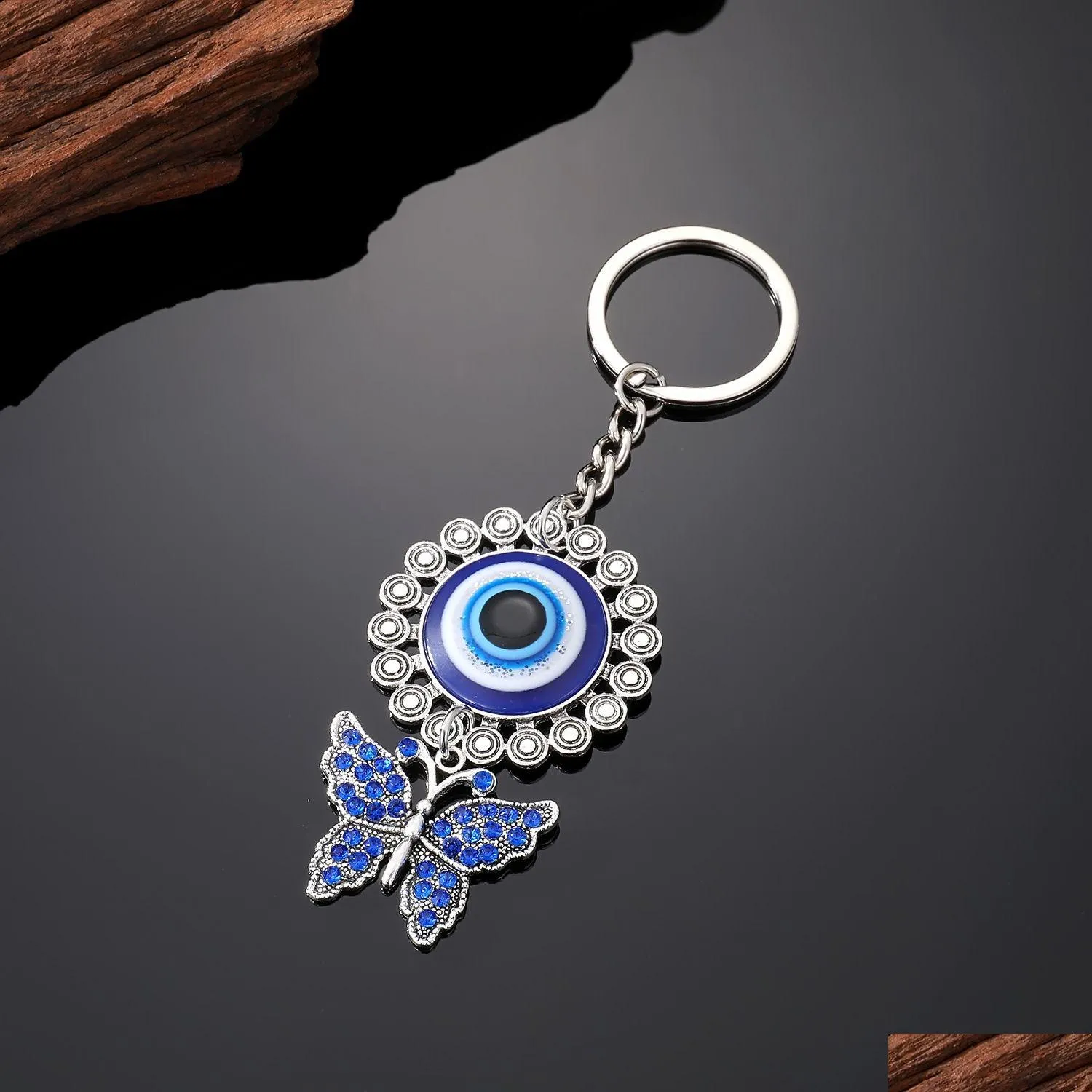 Anéis -chave Design clássico Antique Sier azul Evil Eye Chain Chain Animal Pendant Crafting Keychain pendurado jóias de ornamento para presente Drop dhskb